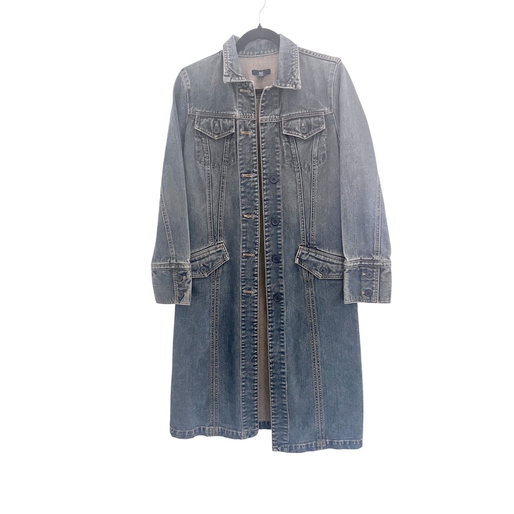 Gap Women Denim Duster Coat S Blue Longline Button Front Utility Vintage Style